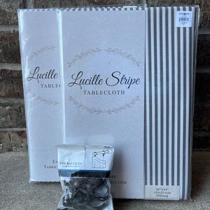 (2) Gray + White Striped Tablecloths and Clips